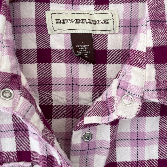 Bit & Bridle Western Gingham Plaid Purple Pearl Snap Long Sleeve Shirt L Large - Picture 5 of 6